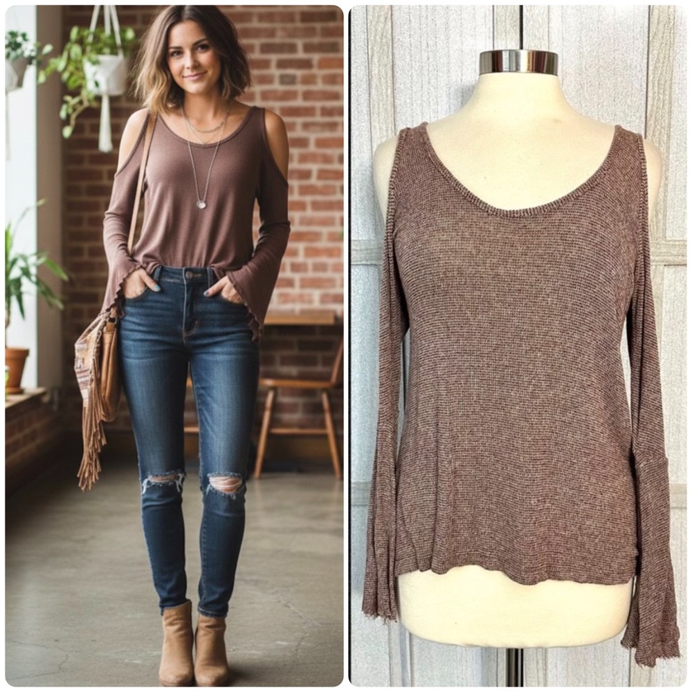 Elan Brown Knit Cold Shoulder Sweater Lightweight Bell Sleeve Women Size Small